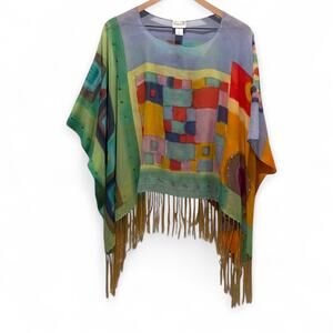Chico's Colorful Abstract Fringe Poncho Top Size M/L